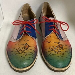 Bespoke Artisan Hand-Painted Leather Surf Scene Lace Up Oxford Shoes – Size 7